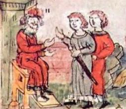 Миниатюра из Радзивиловской летописи. Дир и Аскольд просят Рюрика отпустить их в поход на Царьград.
